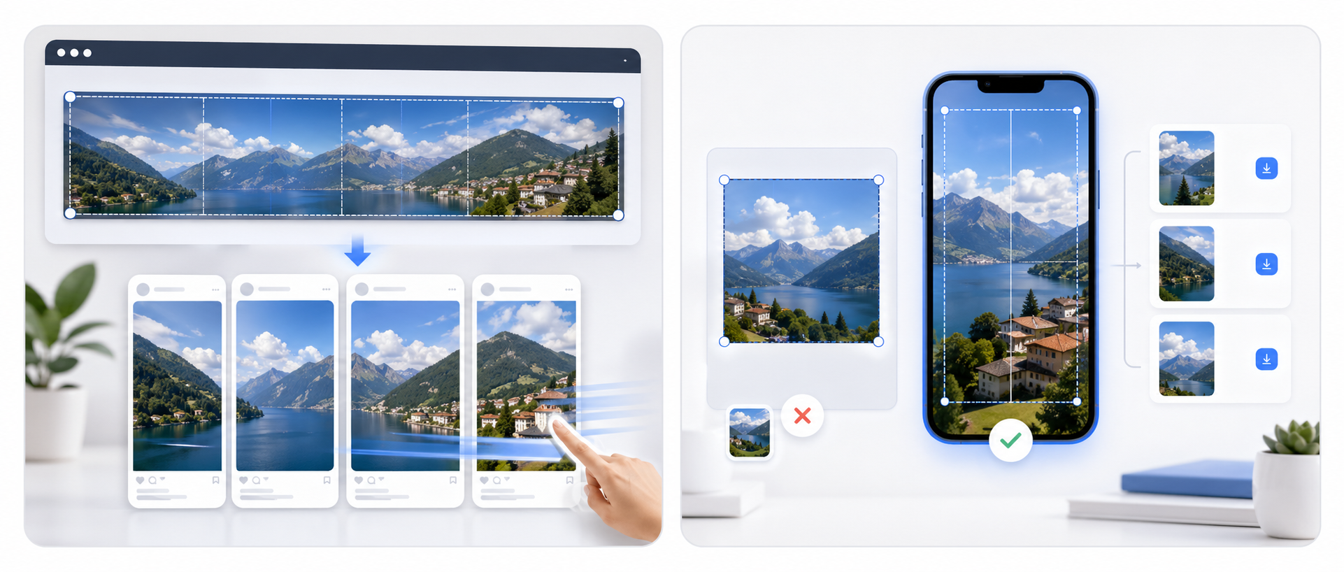 Instagram carousel flow from wide source strip to 4:5 portrait slides
