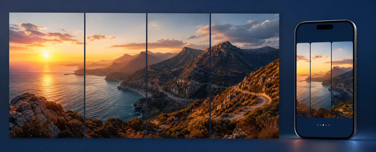 AI-generated coastal panorama split into carousel panels with a phone preview